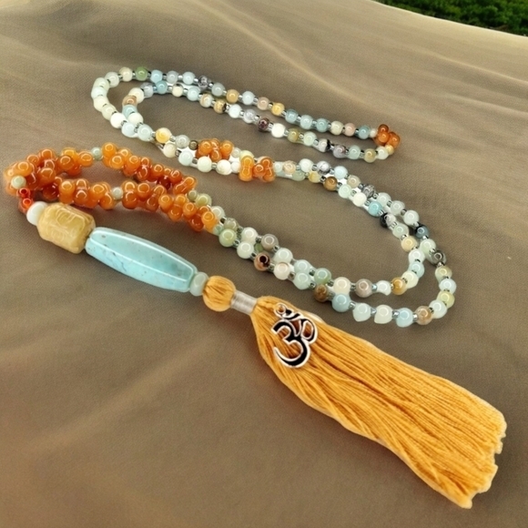 Amazonite w/ Orange Aventurine Gemstone Buddha Guru 108 Bead Mala Necklace - Picture 1 of 13